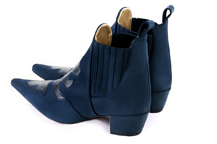 Navy blue women's ankle boots, with elastics. Pointed toe. Low cone heels. Rear view - Florence KOOIJMAN